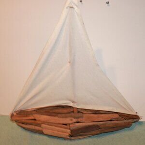 Nautical Driftwood Sailboat Sculpture Beach Decor Wood Ship Canvas Sail